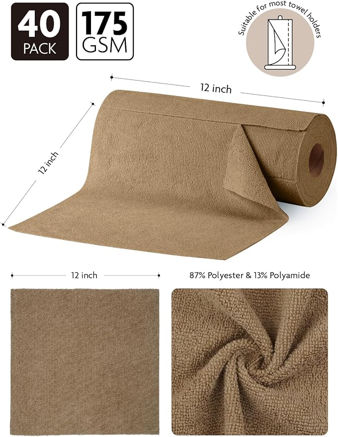 Fantasticlean Microfiber Cleaning Cloth Roll -40 Pack, Tear Away Microfiber Towels, 12" x 12", Reusable, Washable, Scratch Free, Ultra Absorbent Dish Rags for Car, Home, Garage or Shop (TAN)-DeskLoop Office