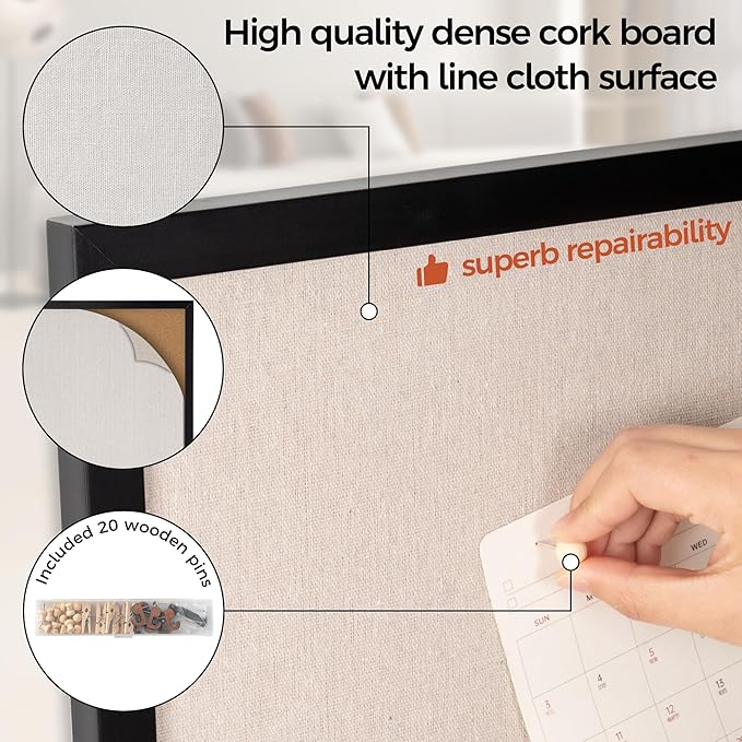 Fun Memories Cork Board Bulletin Board for Office, 24" x 36" Pine Wooden Framed Corkboard, Wall Mounted Notice Pin Board for School Home & Office, Black-DeskLoop Office
