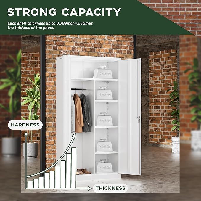Greenvelly Metal Wardrobe Cabinet with Locking Doors, 72"H White Metal Wardrobe Closet with Hanging Rods and Adjustable Shelves, Clothing Storage Closet for Home, Office, Employee, Gym (16" D x 32" W)-DeskLoop Office