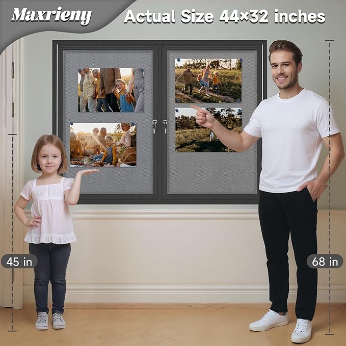 Enclosed Bulletin Board Lockable,Double-Door Weatherproof Outdoor Noticeboard with Locking Door, Wall-Mounted Aluminum Framed Presentation Board, 44x32 Inch (8xA4)-DeskLoop Office