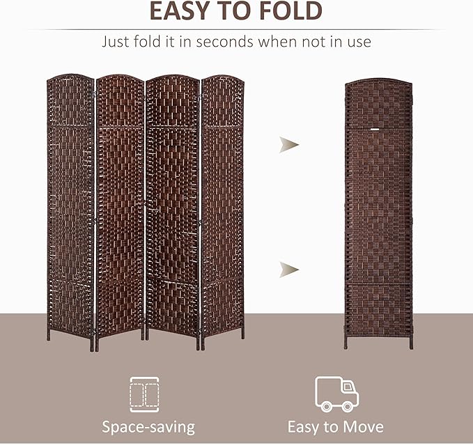 HOMCOM Room Divider 4 Panels Folding Privacy Screen 6FT Tall Portable Wicker Weave Partition Wall Divider for Bedroom Home Office, Brown-DeskLoop Office