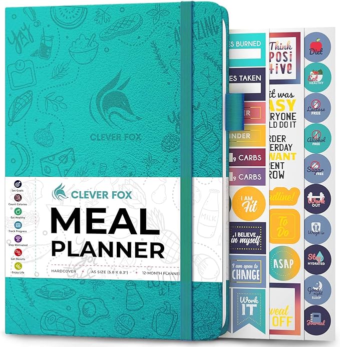 Clever Fox Weekly Meal Planner - Weekly & Daily Meal Prep Journal with Shopping and Grocery Lists for Menu Planning, Healthy Diet & Weight Loss Tracking, Lasts 1 Year, Undated, A5 - Aquamarine-DeskLoop Office