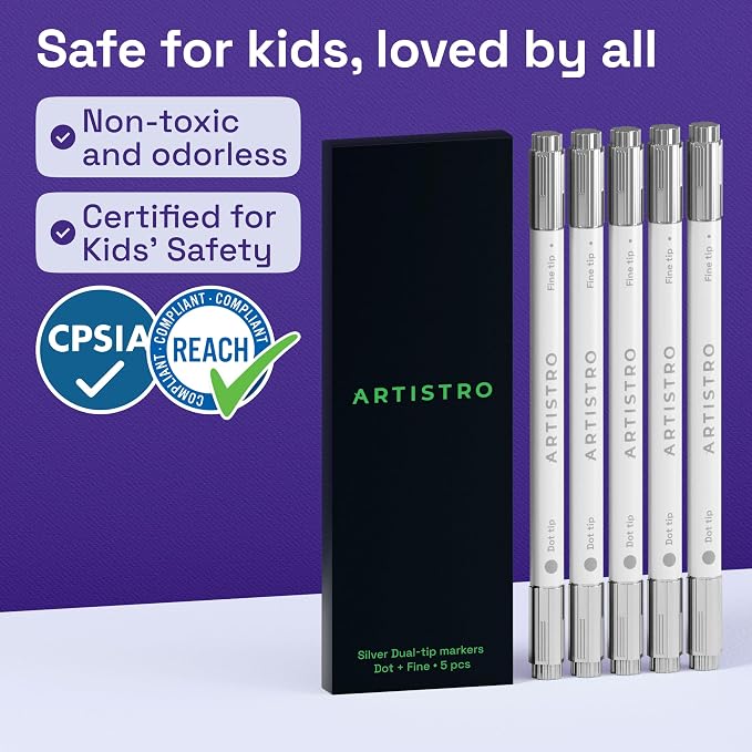 ARTISTRO 5 Silver Dual-Tip Acrylic Paint Markers – Paint Pens Set - Image 6