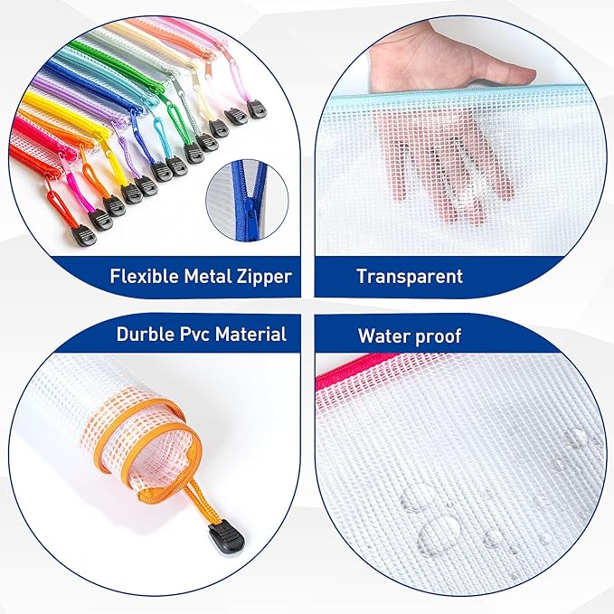 12pcs Zipper Pouch, A4 Zip Bags, 12 Colors Organization Pouches, File Bags, Clear Pouch, Plastic Zipper Bags, Reusable Zipper Pouches, Storage Bags for Toys, Paper, School Office Supplies