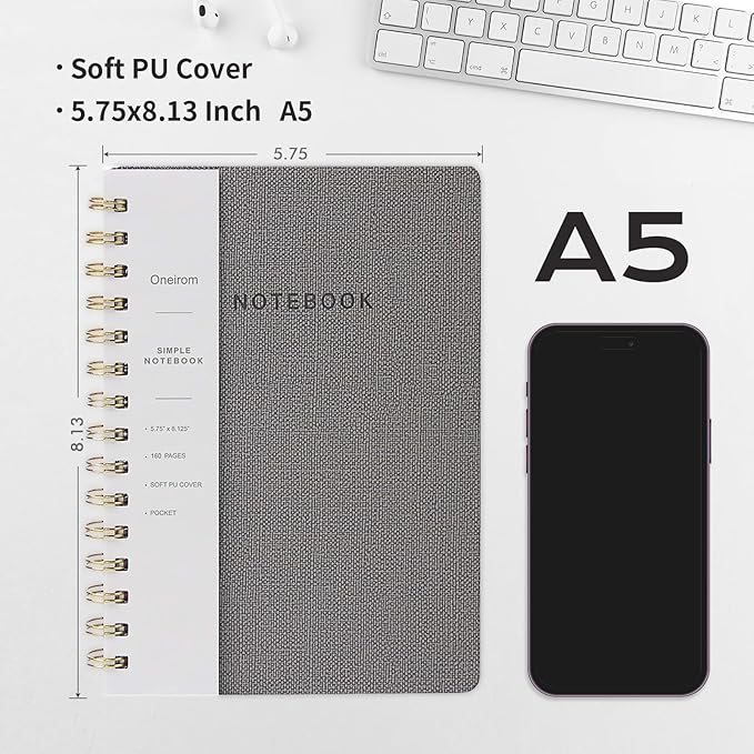 Spiral Notebook-5.75" x 8.125" Journal with Back Pockets and 160 Lined Pages,PU Leather Cover Business Journal, Twin-Wire Binding Notebook Perfect for Office & Home School Supplies-DeskLoop Office