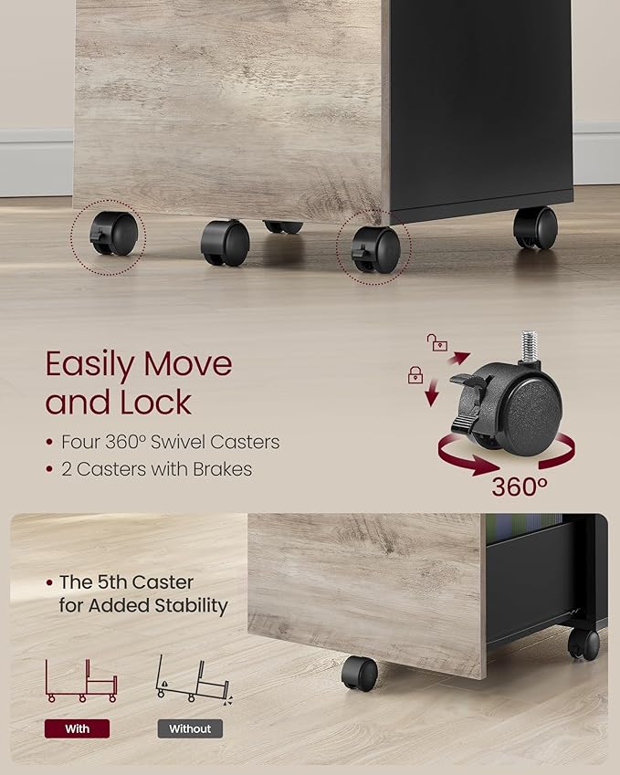 VASAGLE 2-Drawer File Cabinet, Small Rolling Filing Cabinet for Home Office, Printer Stand, for A4, Letter-Size Documents, 15.7 x 16.5 x 27.6 Inches, Heather Greige and Ink Black UOFC040B02-DeskLoop Office