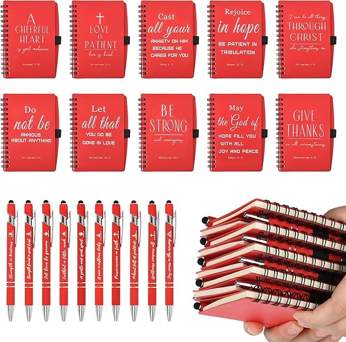 Christian Prayer Journal Spiral Red Notebooks Bulk with Pens- Small Notepads (4.13”x5.43”) - inspirational gifts for women, Church Members & Bible Study Groups (30 Sets Red)-DeskLoop Office