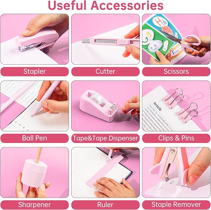 deli Pink Office Supplies, 14 in 1 Desk Accessories Set - Image 4