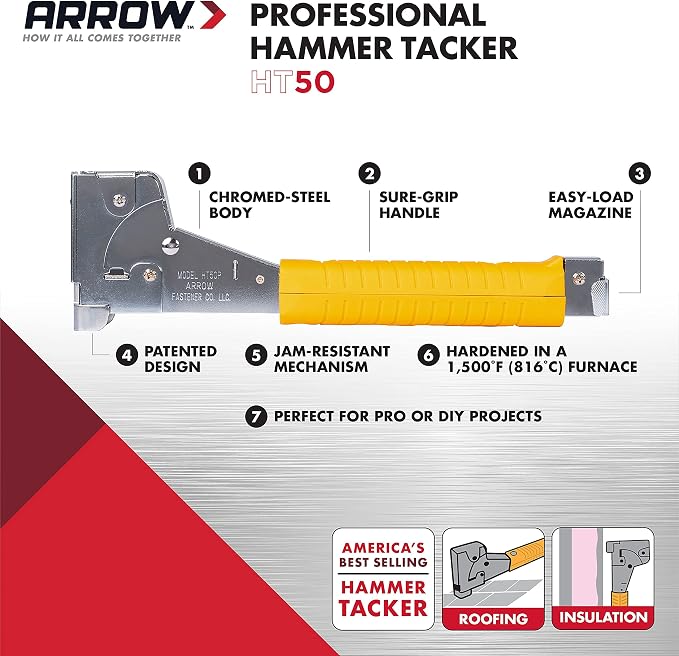 Arrow HT50 Heavy Duty Hammer Tacker, Chromed-Steel Manual Stapler - Image 2