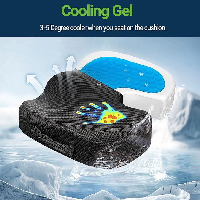 Gel Seat Cushion for Car Office - Memory Foam Pain Relief Chair Pillow Cushions - Tailbone Sciatica Coccyx Butt Lumbar Support Pad for Sitting Driving Traveling, Velvet, Black-DeskLoop Office