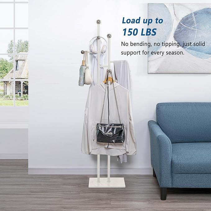 Free Standing Coat Rack with Marble Base & 8 Steel Hooks Clothes Rack for Entryway Bedroom Living Room Hotel 14.96 x 10.24 x 68.9 Inches (White)-DeskLoop Office