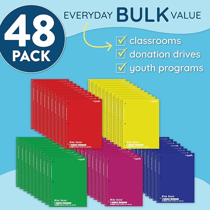 Blue Summit Wide Ruled Spiral Notebooks Bulk, 1 Subject Spiral Notebook Wide Ruled, Paper School Bulk Notebooks, 48 Pack-DeskLoop Office