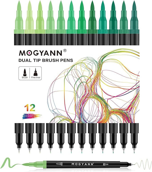 Green Markers, 12 Pack Dual Brush Pens Drawing Markers by Mogyann