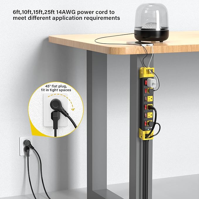 Heavy Duty Power Strip - 6 Outlet Power Strip with Individual Switches Cord Manager Surge Protector 1200J Home Office Garage Industrial Workbench-DeskLoop Office