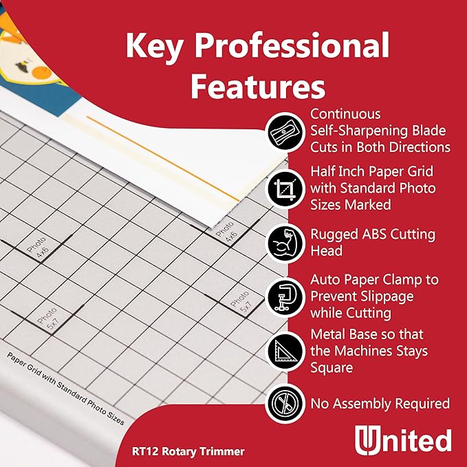 United Office Products RT12 Rotary Paper Trimmer, 12.5" Cut Length, 10 Sheet Capacity, Metal Base, Paper Cutter for Offices, Schools and Crafts-DeskLoop Office