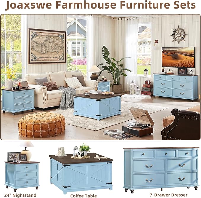 24" Wide Farmhouse Night Stand,Large End Table with 3 Drawers & Metal Handle,Light Blue Wood Dresser for Bedroom Cabinet, Bed Side Tabl·e Chest of Drawers,Nightstand for Living Room,Close-DeskLoop Office