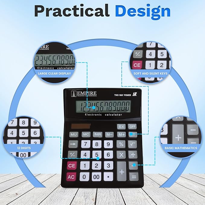 Empire Desk Calculator with Large Key Buttons, 12 Digits, Large Eye-Angled Display, Solar and Battery Powered for Home and Office (Battery Included)-DeskLoop Office