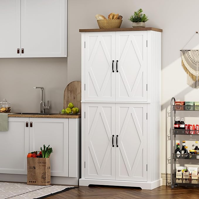 HOSTACK 64" Tall Pantry Cabinet, Modern Farmhouse Kitchen Pantry, Wood Bathroom Storage Cabinet, Large Bookcase, 4 Doors|Adjustable Shelves, for Dining Room, Living Room, Home Office, White-DeskLoop Office