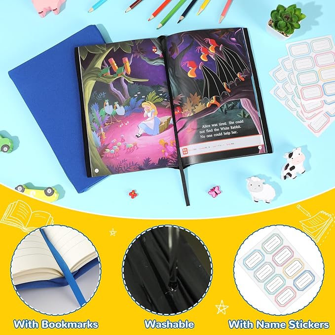 Jumbo Book Covers 12 Pack Reusable Fabric Book Cover Protective Book Covers 9 x 11 Inch Black and Blue Stretchable Book Sleeve Cover with Label Sticker for Most Hardcover Books Up to 10 x 12.5 Inch-DeskLoop Office