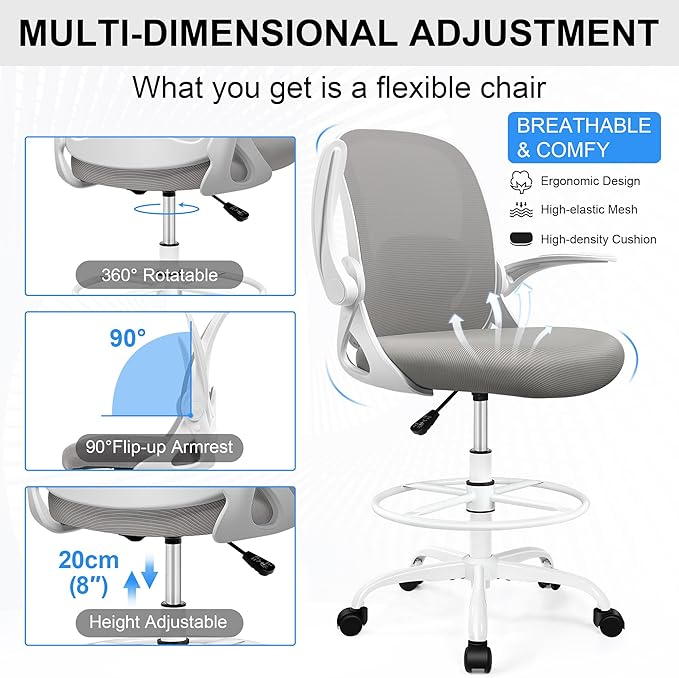 Drafting Chair Tall Office Chair with Flip-up Armrests, Adjustable Height, and Enhanced Lumbar Support - Ergonomic Rolling Stool, Back Support, and Adjustable Foot Rest Ring for Standing Desk Gray-DeskLoop Office