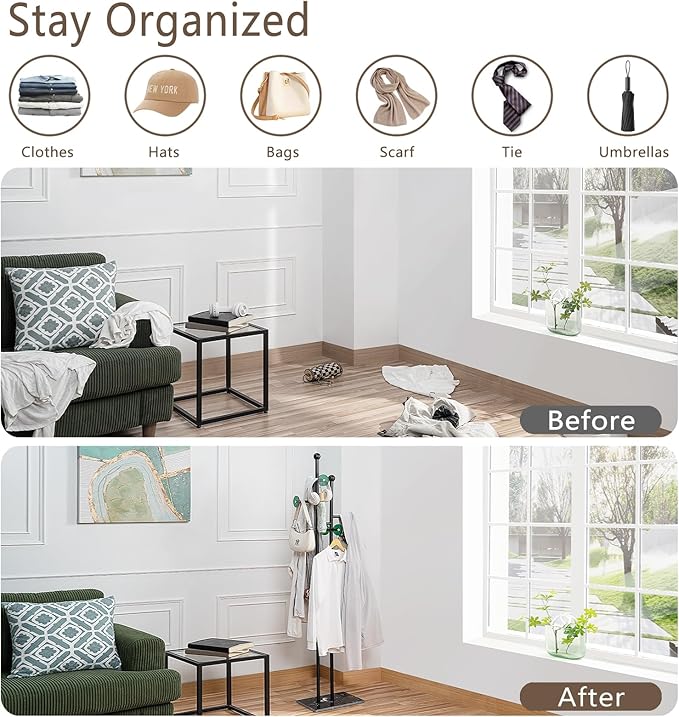 Free Standing Coat Rack with Marble Base & 8 Hooks Heavy Duty Clothes Rack for Entryway Bedroom Living Room Hotel 14.96 x 10.24 x 68.9 Inches (Black)-DeskLoop Office