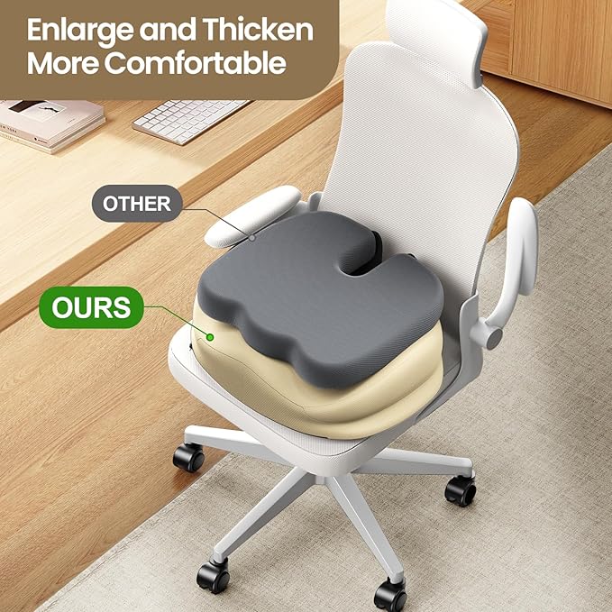 Benazcap Large Seat Cushion for Office Chair Memory Foam Coccyx Pain Relief Cushion Pillow for Back Support Non-Slip Seat Pad for Office Desk, Car Seat, Wheelchair, Sciatica-Beige-DeskLoop Office