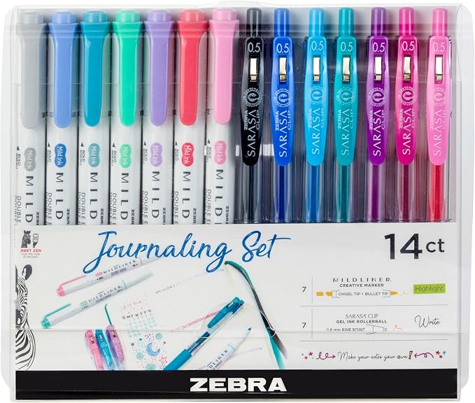 Zebra Pen Journaling Set, Includes 7 Mildliner Highlighters and 7 Sarasa Clip by ZebraPen