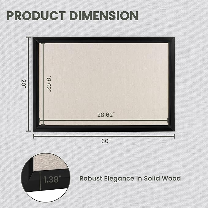 Bulletin Board Cork Board with Linen, 100% Wood Framed 30" x 20" Bulletin Board Decorations, Pin Boards for Walls, Wall Mounted Fabric Picture Board with 10 Pushpins for School, Home & Office, Black-DeskLoop Office
