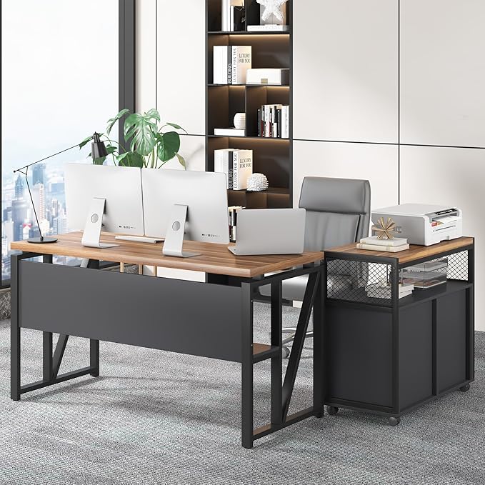 Tribesigns 55" Executive Desk with Reversible File Cabinet, Large L-Shaped Office Desk with Drawers, Business Furniture Workstation for Home Office (Dark Walnut, 55-inch)-DeskLoop Office