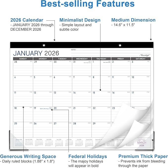 2026 Desk Calendar - Desk/Wall Calendar 2026, JAN 2026 - DEC 2026, 2026 Calendars 12 Month, Desk Calendars with Corner Protectors, Large Ruled Blocks, Thick Paper, Colorful, 14.6" x 11.5", Desktop Calendar for Daily Organizer