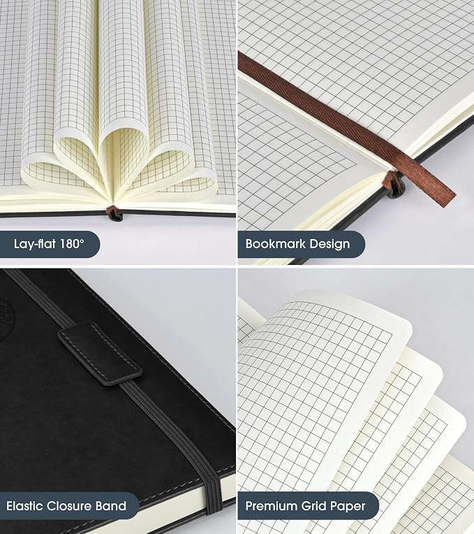 Biuwory A5 Hardcover Graph Paper Notebook, Grid Leather Journal - Image 4
