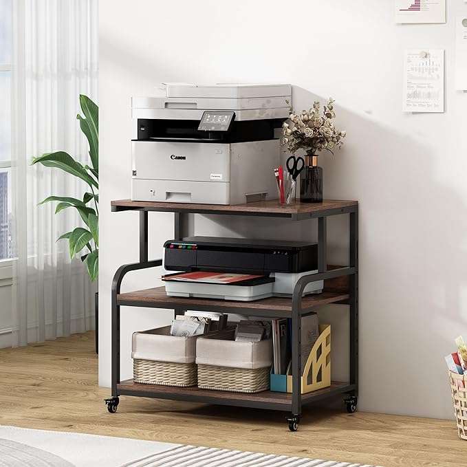 32.3" Wide Extra Large Printer Stand, 3 Tier Printer Table with Adjustable Storage Shelf, Rolling Printer Cart with Industrial Wheels for Home Office, Rustic Brown-DeskLoop Office