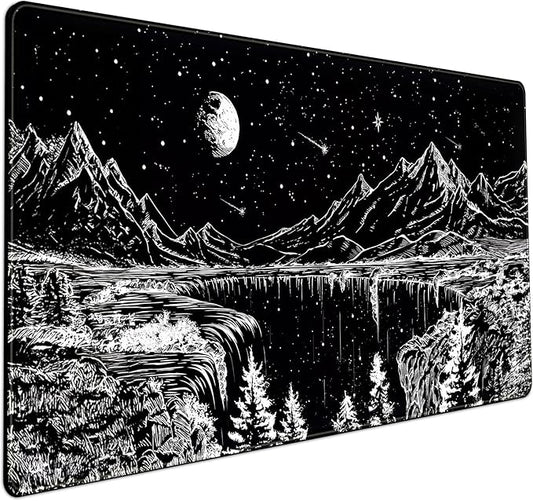 Black and White Desk Mat Dark Nature Forest Mouse pad XXL Starry Night Mountain by Mechanical+Cattle