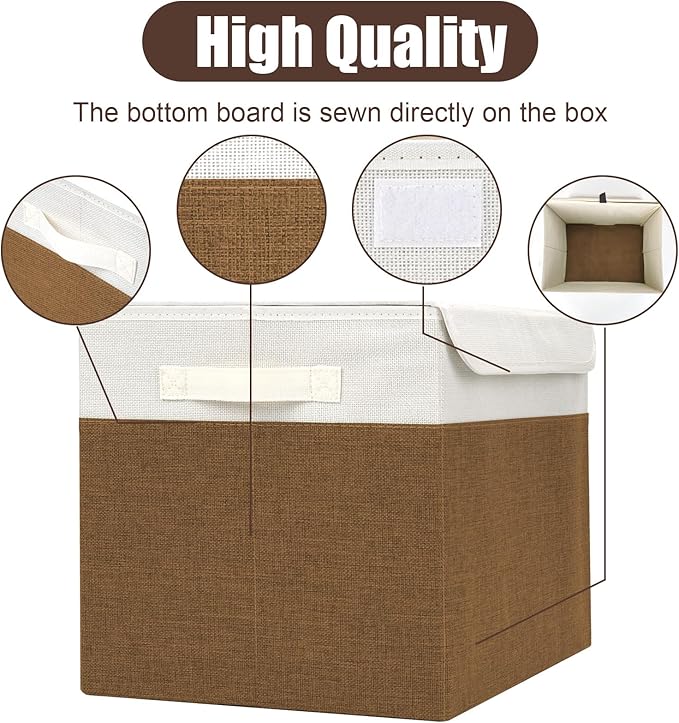 Large 17" 42 Quarts Collapsible Stackable Storage Bins with Lids [3-Pack] Foldable Fabric Linen Storage Boxes Cube, Closet Organizer Baskets with Label for Home (16.7 x 12 x 12", Brown & White)-DeskLoop Office