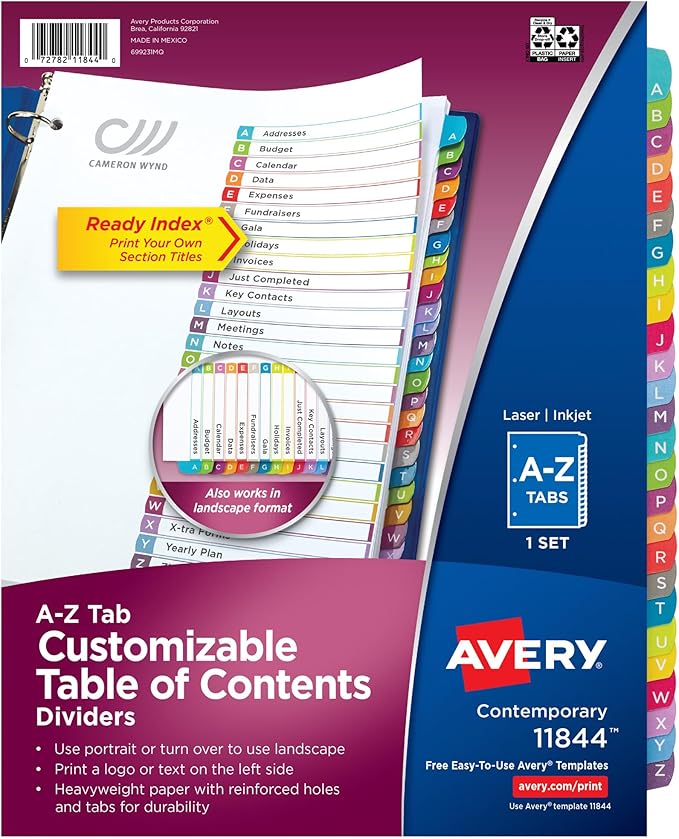 Avery A-Z Dividers for 3 Ring Binders, 26 Tabs per Set, Customizable Table of by Avery