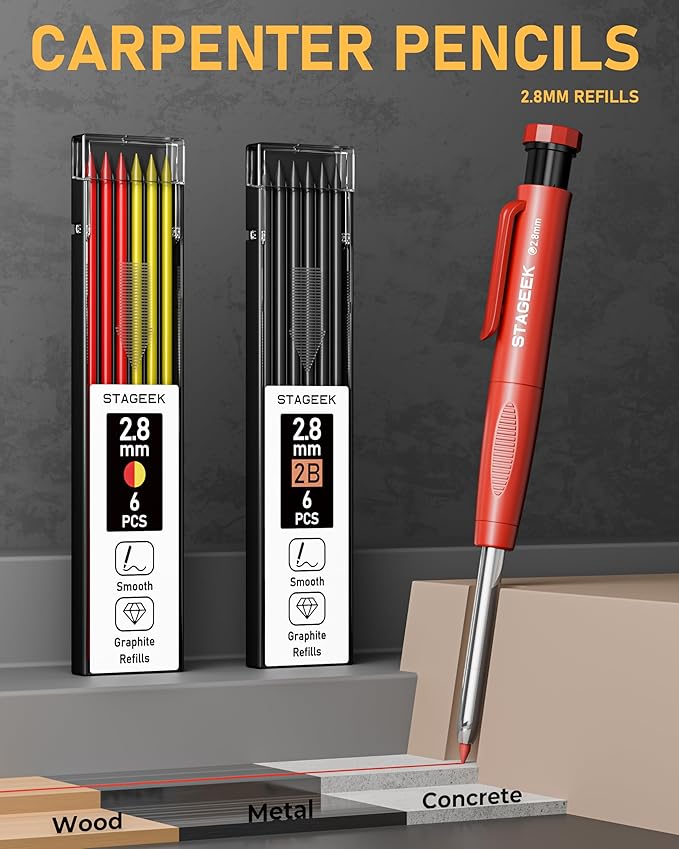14 Pack Mechanical Carpenter Pencil Set with Sharpener 38 Refills, Automatic Center Punch, Carbide Scribe Tool, Eraser and Deep Hole Marker Pen, Heavy Duty Construction Pencil for Architect-With Pouch