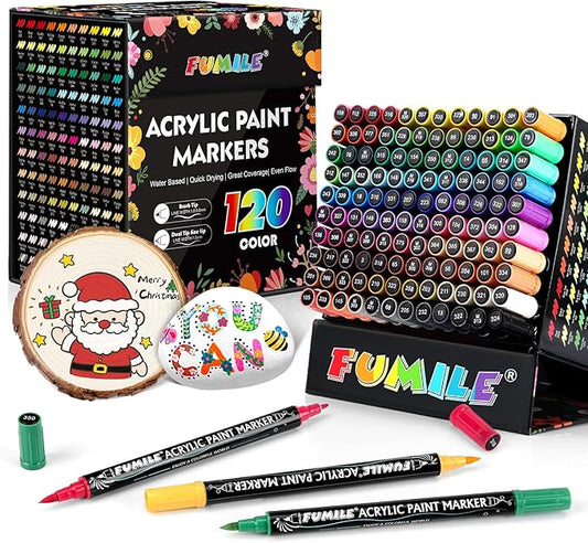 FUMILE 120 Colors Acrylic Paint Markers Dual Tip, Acrylic Paint Pens paint by FUMILE