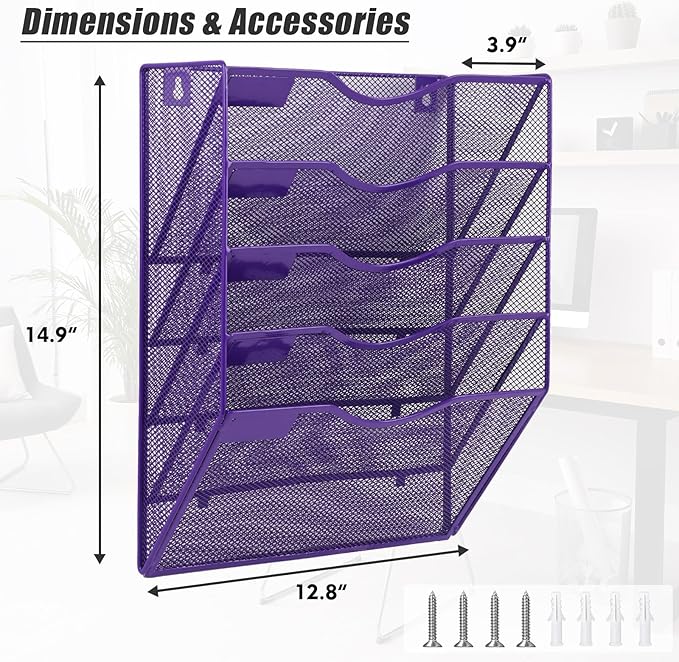 EASEPRES 5 Pocket Mesh Hanging Wall File Organizer, Wall Mounted Mail Paper Document Folder Holder, Clipboard Storage Organization Magazine Rack with Nametag Label for Office Home School, Purple-DeskLoop Office