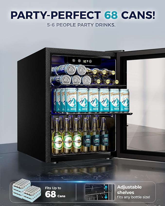 EUHOMY Beverage Refrigerator Cooler - 68 Can Mini Fridge with Glass Door for Soda, Beer, Wine, Small Refrigerator with Digital Temperature Control and Adjustable Shelves for Home Office Bar, 1.7 Cu.ft-DeskLoop Office