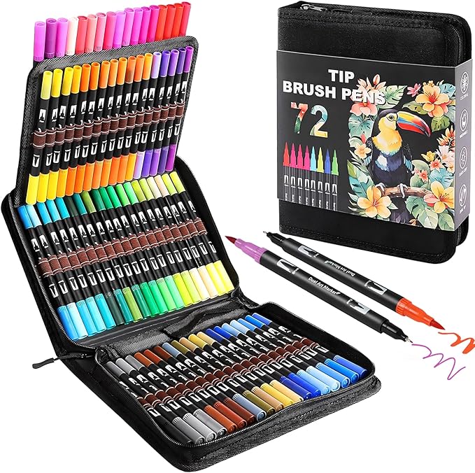 Double Brush Marker Pens, 72 Colors Art Markers Set with Fine Tip and Brush Tip for Kids Adult Coloring Book Hand Lettering Calligraphy Drawing Art Supplies Kit-DeskLoop Office
