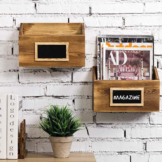 MyGift Rustic Burnt Wood Wall Mounted Mail, File & Magazine Holder Sorter Rack - Image 3