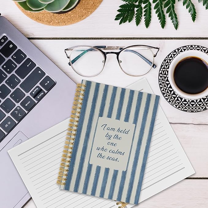 XPH Coastal Christian Spiral Notebook, Bible Verse Journaling Notebooks for Prayer, Blue Striped Religious Hardcover Journal for Writing 160 Pages 5.5 x 8.3 Inch, Christian Gifts for Women Men-DeskLoop Office