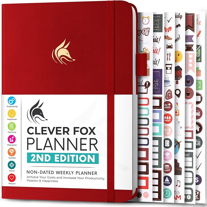 Clever Fox Planner 2nd Edition – Colorful Weekly & Monthly Goal Planner, Time Management & Productivity Organizer, Undated, A5 (Red)-DeskLoop Office