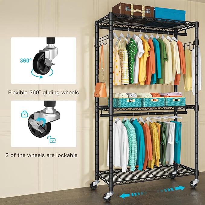 P1 Heavy Duty Garment Rack, 3 Tiers Adjustable Rolling Metal Closet Organizer with Lockable Wheels, FreeStanding Wardrobe with Double Hanger Rods & 1 Pair Hooks, Max Load 450 LBS, Black-DeskLoop Office