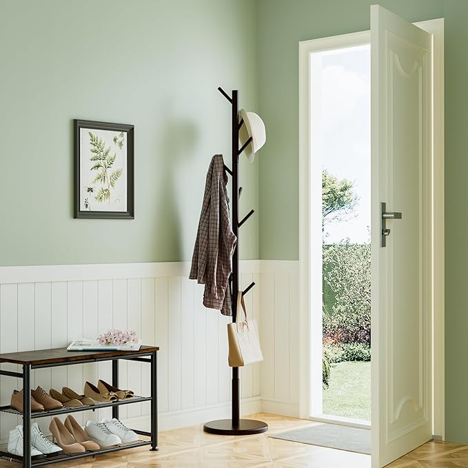 Wooden Freestanding Coat Tree with 4 Height Options and 9 Hooks, Sturdy Coat Rack Stand for Clothes/Bags/Hats, Save Space Coat Rack for Entryway, Bedroom, Office, Narrow Place (Coffee)-DeskLoop Office