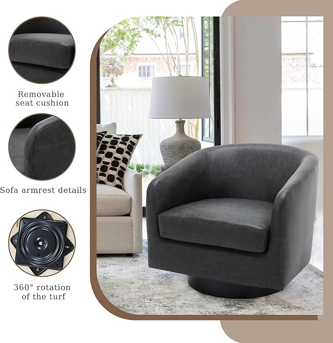 UIXE Faux Leather Swivel Accent Chair with Wood Base, Modern Upholstered Barrel Chairs for Living Room, Comfy Round Armchair Single Sofa Bedroom Reading Seat - 31" W, Black-DeskLoop Office