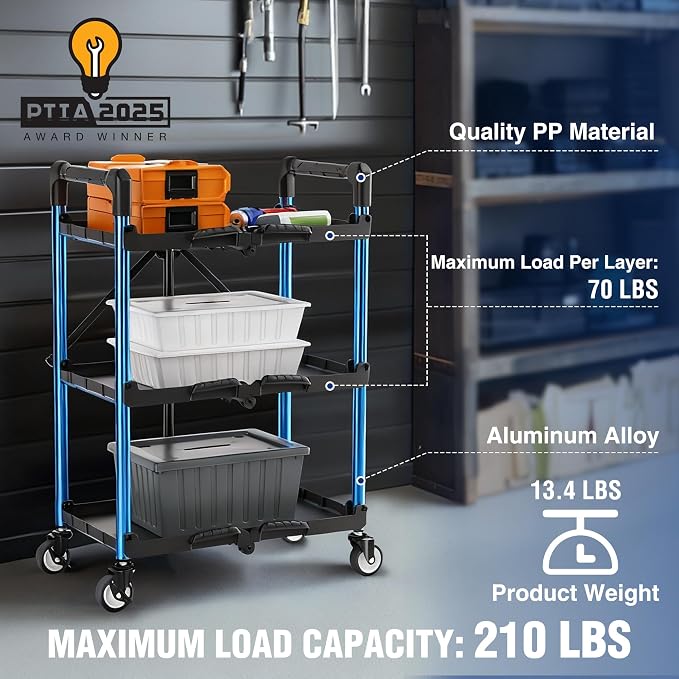 WORKPRO 3-Tier Collapsible Service Cart, 210 LBS Foldable Utility Cart - Image 4