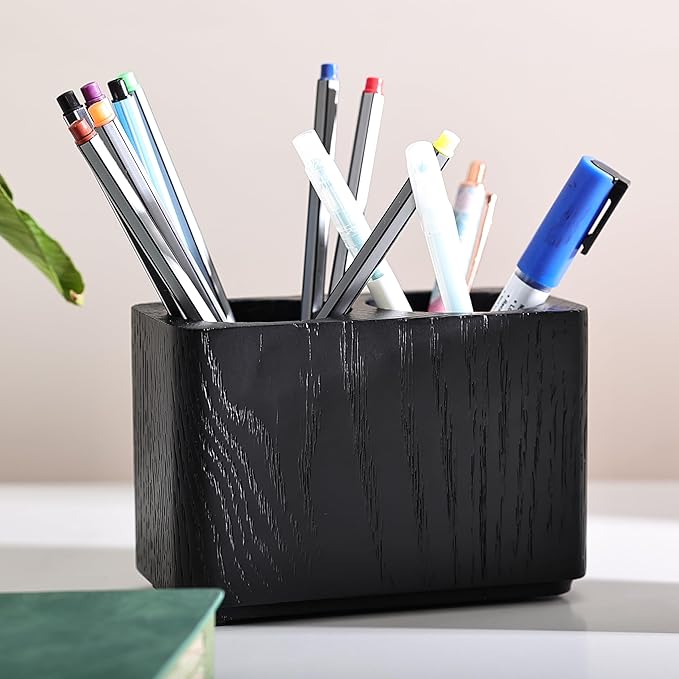 Oak Solid Wood Pen &Pencil Holder for Desk, Office Stationery Organizer, Table Pencil Cup Stand,Desk Accessories Holder, Two Cups Practical Design. (Char Black)-DeskLoop Office