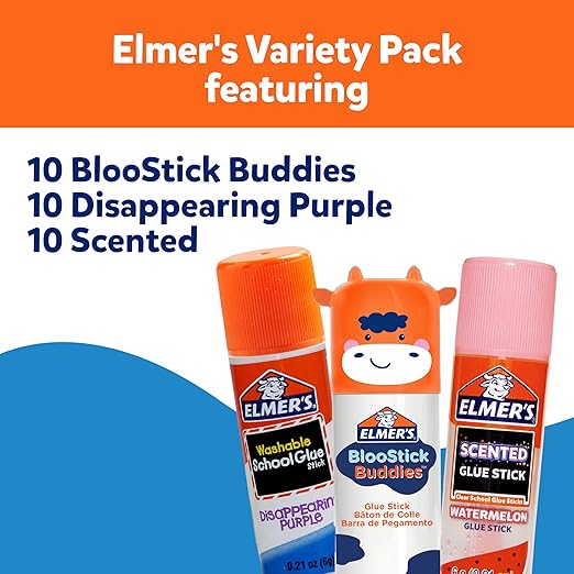 Elmer's Glue Stick Variety Pack, Featuring BlooStick Buddies, Disappearing Purple, and Scented Glue Sticks, Assorted, 30 Count-DeskLoop Office
