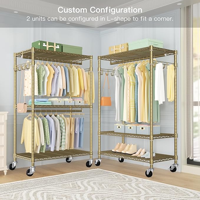 P1 Rolling Clothes Rack, Movable Metal Garment Closet Organizer with Lockable Wheels, Clothing Wardrobe with Double Hanger Rods and Hooks, 35.4" W x 15.7" D x 80.5" H, Load 450lbs, Gold-DeskLoop Office